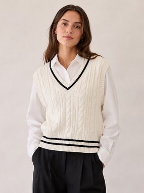 H&M Divided Cream Cable Knit Varsity Sweater Vest Black Stripe Size S
